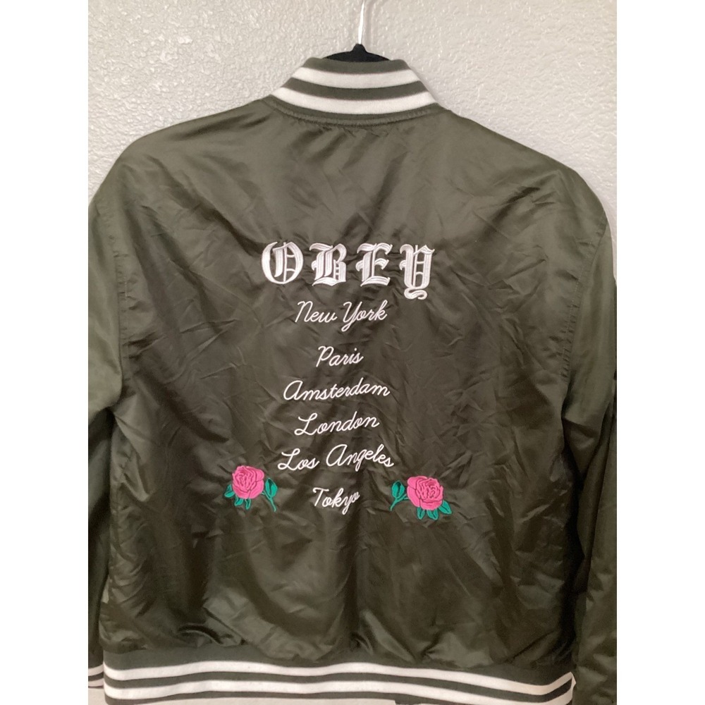 Obey Worldwide Olive Green Bomber Jacket Embroidered Cities Roses Womens Small - Picture 6 of 13